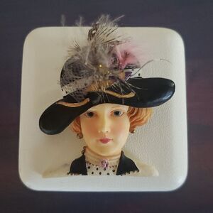 Very Nice Vintage Feathered Lady in Hat Pin Brooch - Bright Colors!